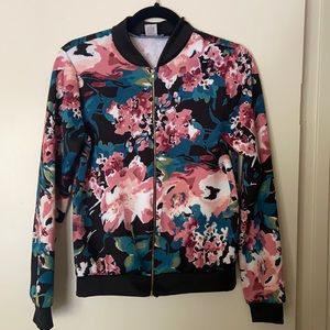 Black & Floral Zip Bomber Jacket Size L